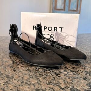 Report bell black pointed toe lace up ballet NIB 8.5
